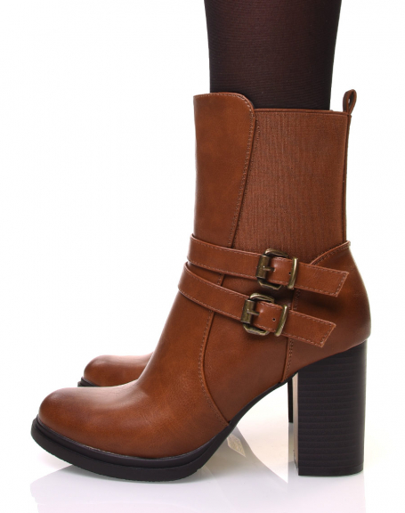 Camel ankle boots with strapped heels
