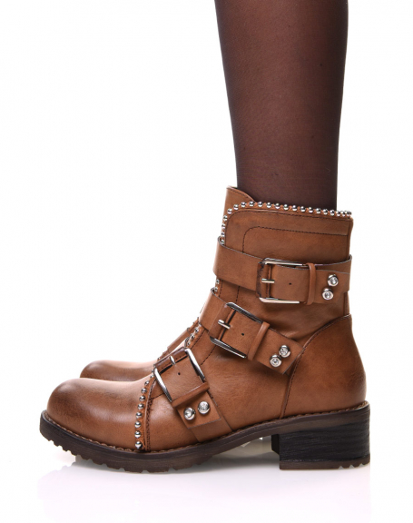 Camel ankle boots with straps and studded details