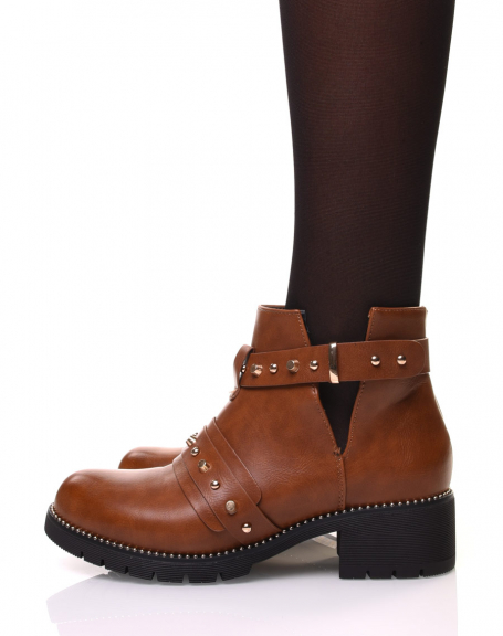 Camel ankle boots with studded straps