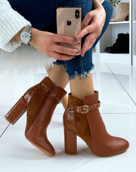 Camel ankle boots with triple material heel