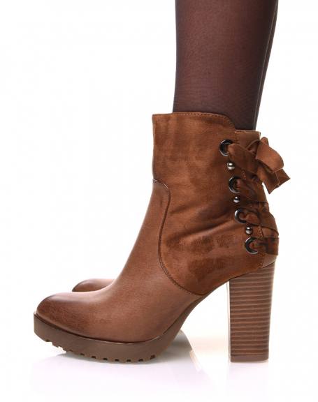 Camel bi-material ankle boots with heels and lace at the back