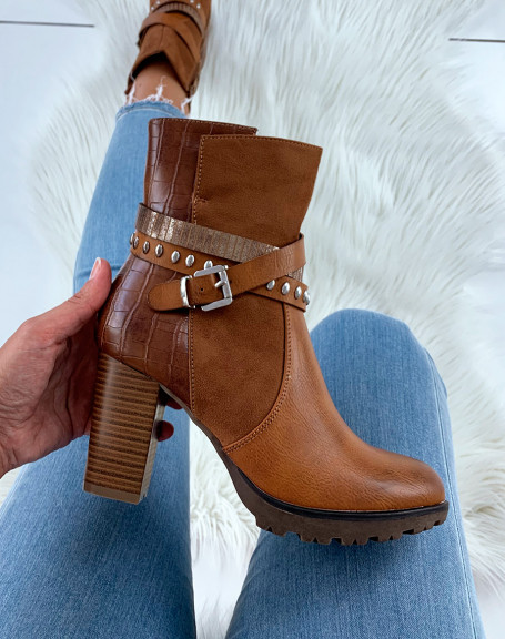 Camel bi-material ankle boots with heels and multiple crossed straps