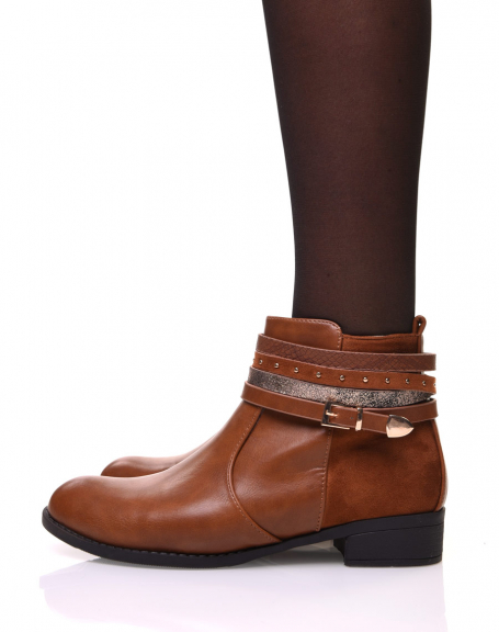 Camel bi-material ankle boots with thin multiple straps