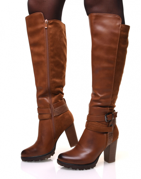 Camel bi-material high heel boots