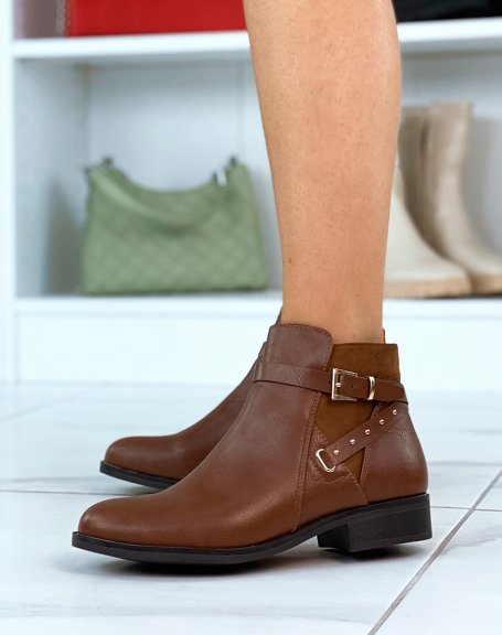Camel bi-material low boots with studded strap