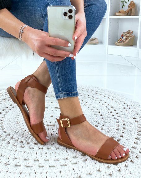Camel-colored thick strap sandals