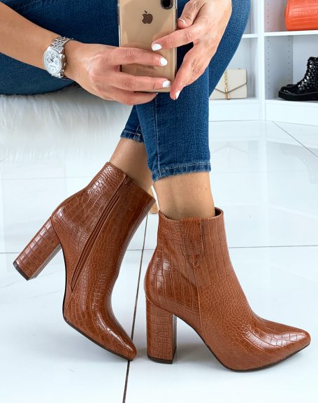 Camel croc-effect heeled ankle boots with pointed toe
