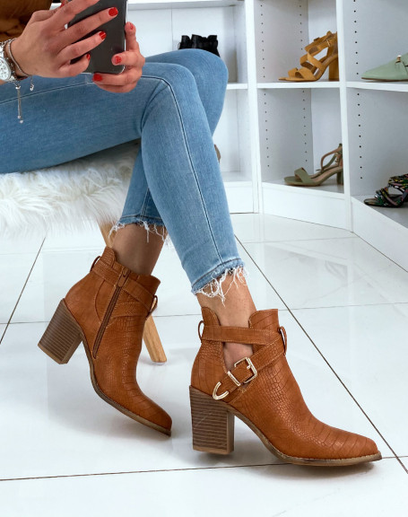 Camel croc-effect openwork heeled ankle boots