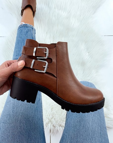Camel double strap low ankle boots