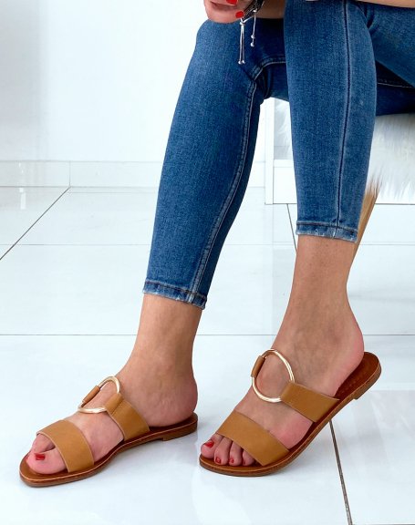 Camel double strap mules with thin sole
