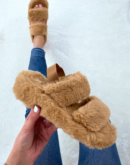 Camel faux fur double strap slippers