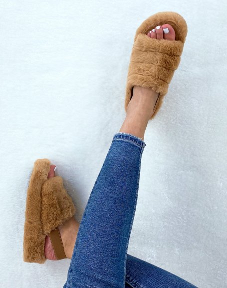 Camel faux fur slippers