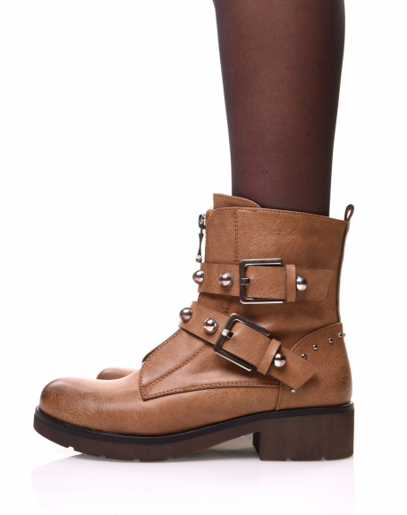 Camel flat ankle boots with beaded straps