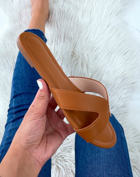 Camel flat mules with crossed straps