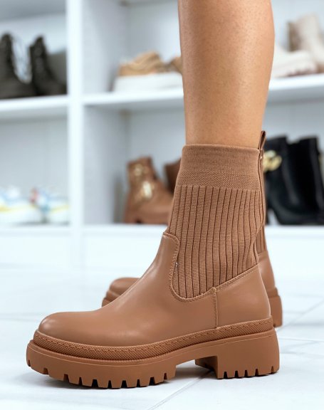 Camel half-faux leather half-sock ankle boots