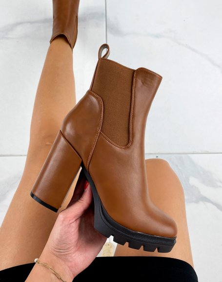 Camel heeled ankle boots with notched platform