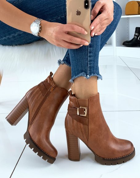 Camel heeled ankle boots with strap