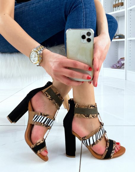 Camel heeled sandals with multiple animal patterns
