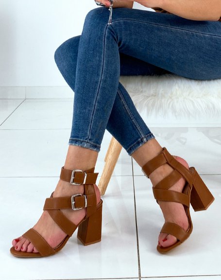 Camel heeled sandals with multiple straps