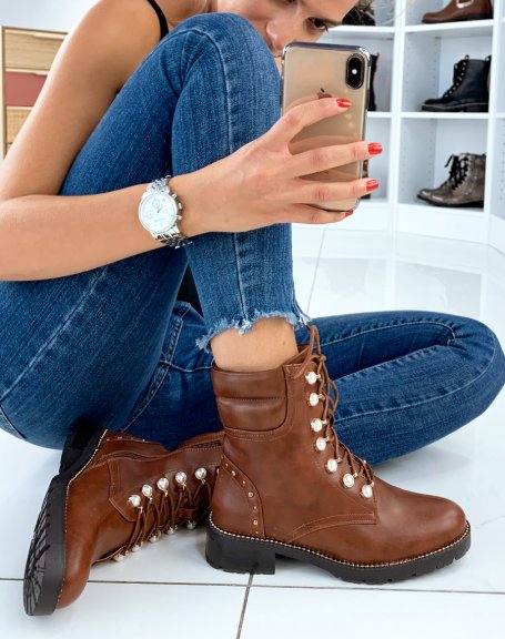 Camel high ankle boots with pearls