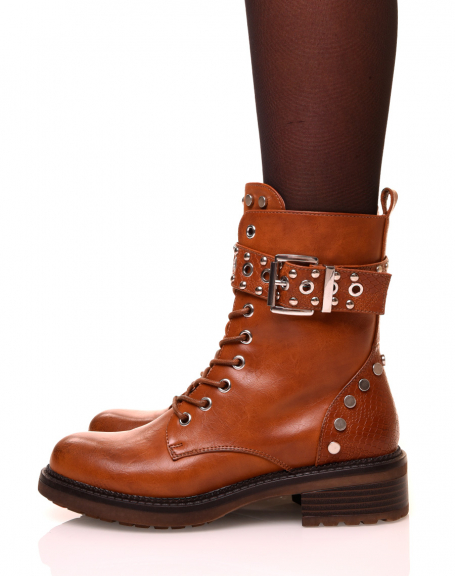 Camel high-top ankle boots with straps and studded details