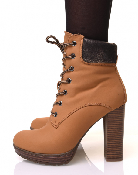 Camel lace-up high heel ankle boots