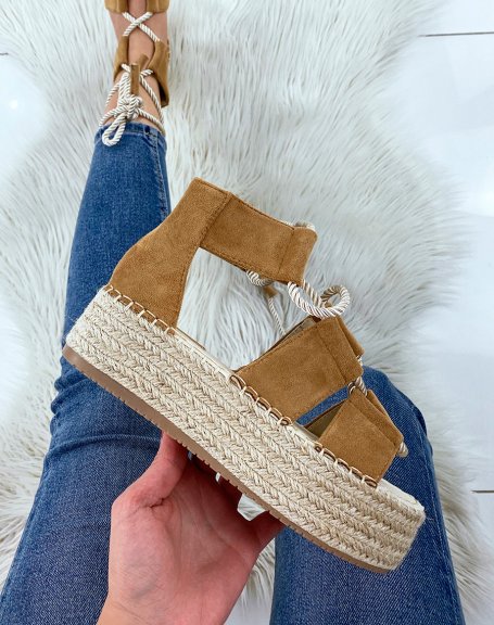 Camel lace-up wedges and hessian sole