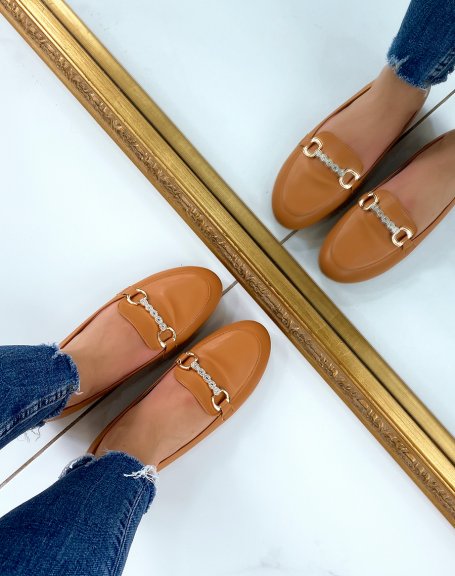 Camel loafers with golden buckles and rhinestones