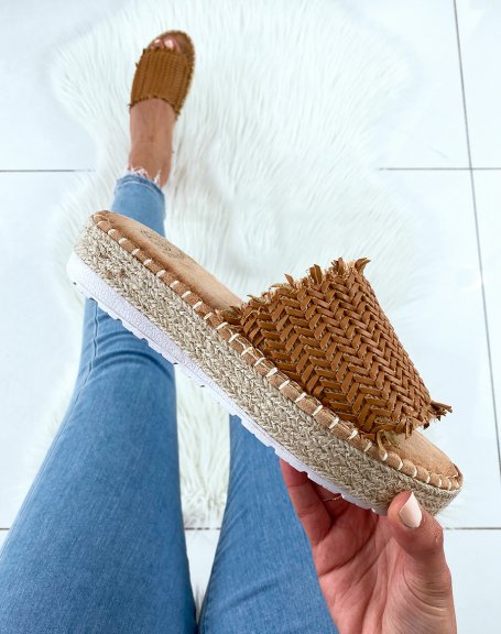 Camel mules with wedge soles and fancy straps