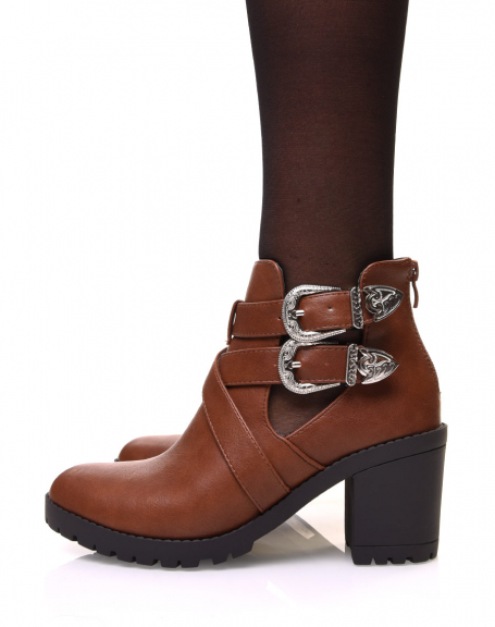 Camel openwork heeled ankle boots with interwoven straps