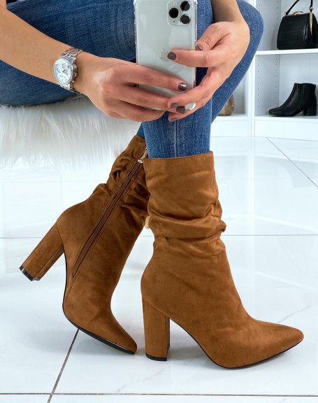 Camel pleated pointed toe ankle boots