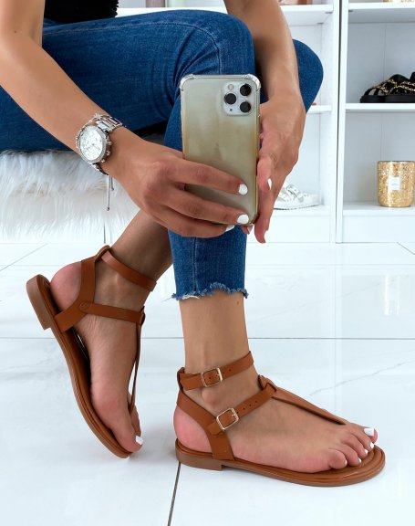 Camel sandals with double strap and golden buckles