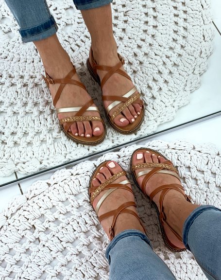 Camel sandals with metallic and braided straps
