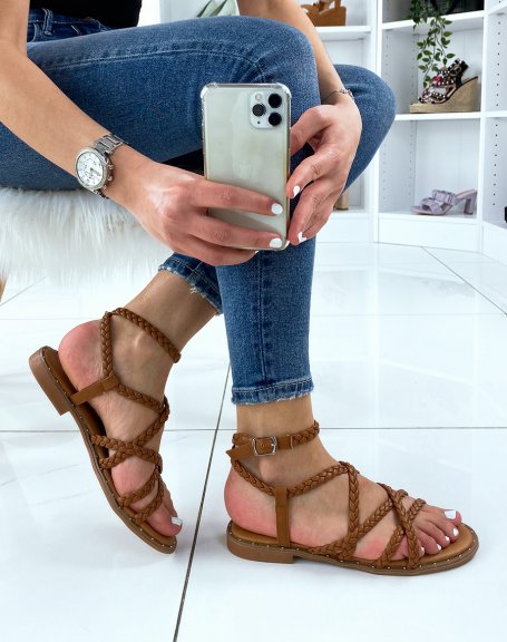 Camel sandals with multiple braided straps