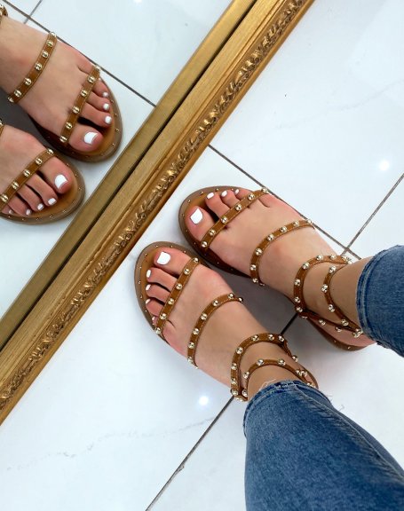 Camel sandals with multiple studded straps