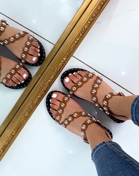 Camel sandals with rounded and studded straps