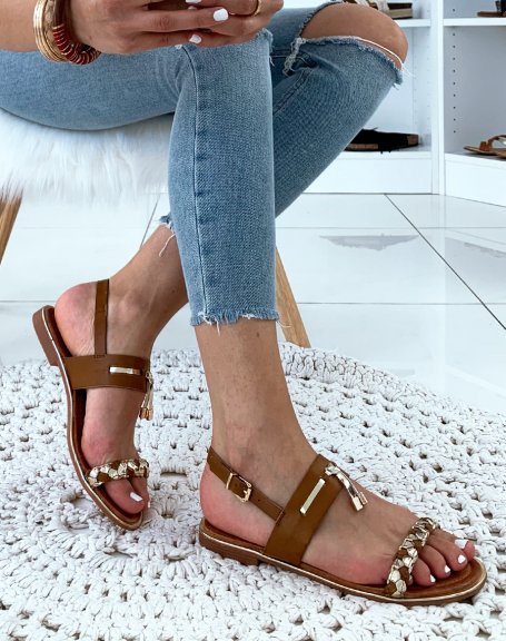 Camel sandals with two-tone braided strap and fancy strap