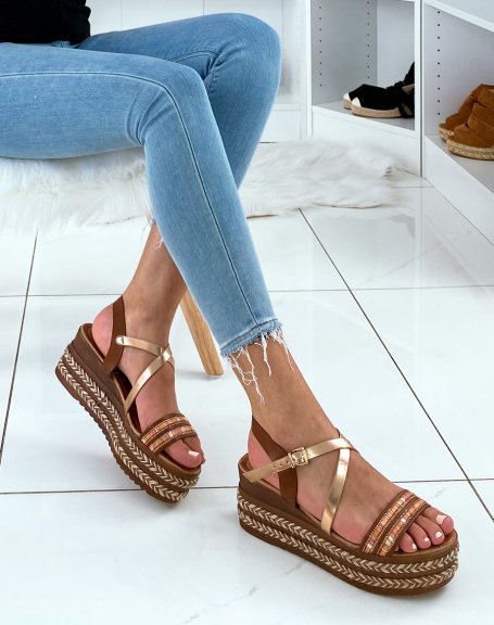 Camel sandals with wedge heels and multiple fancy straps