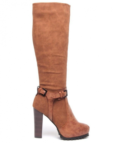 Camel Sinly thigh-high boots, two-material, high and square heel