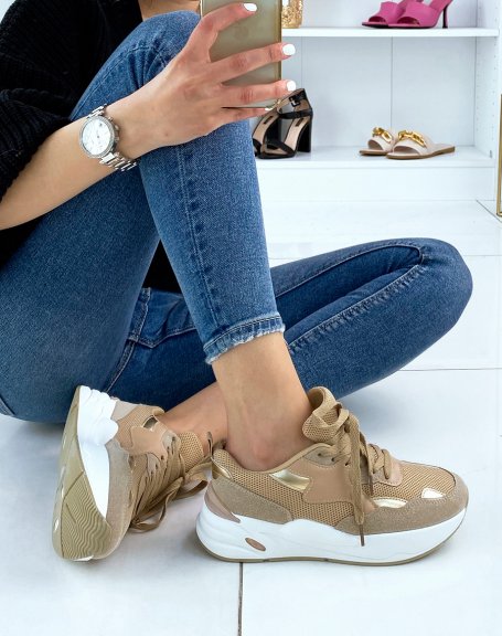 Camel sneakers with gold inserts and white sole