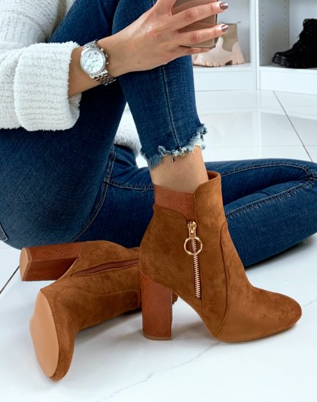 Camel suede and croc-effect heeled ankle boots