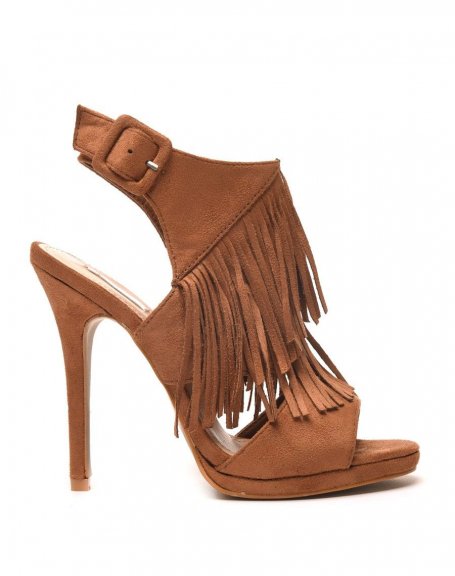 Camel suedette-effect open heeled sandals with fringes