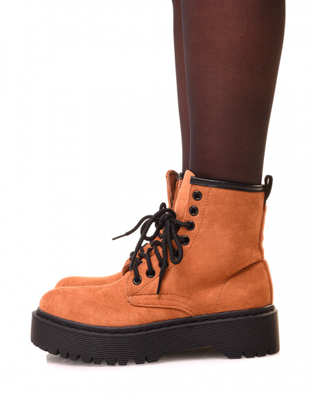 Camel suedette high-top boots with large platform