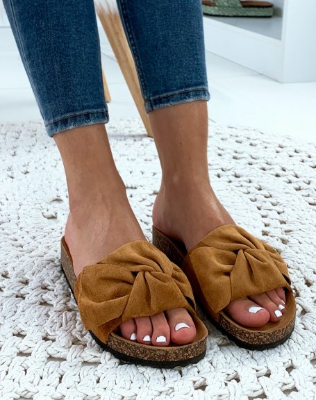 Camel suedette mules with big bow