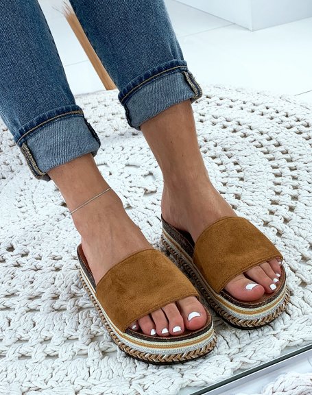 Camel suedette mules with fancy platforms