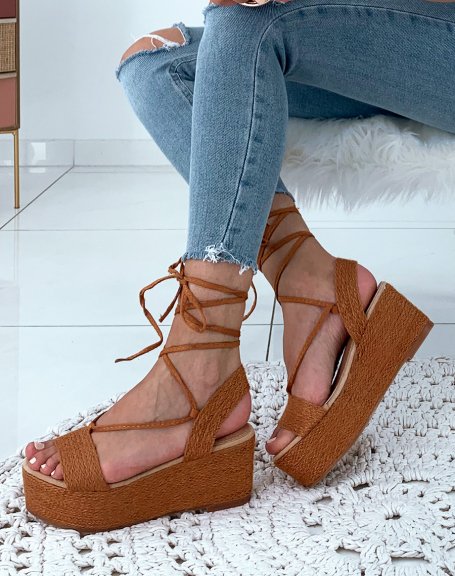 Camel wedge heel lace-up sandals