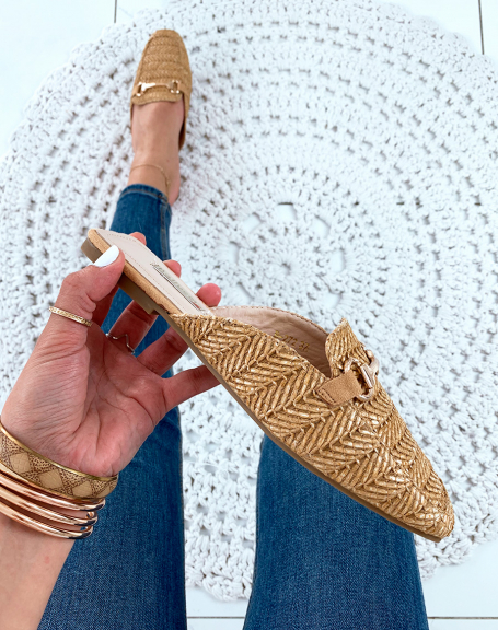 Camel wicker moccasin-style mules