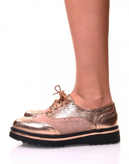 Champagne and rose gold derbies with wedge soles