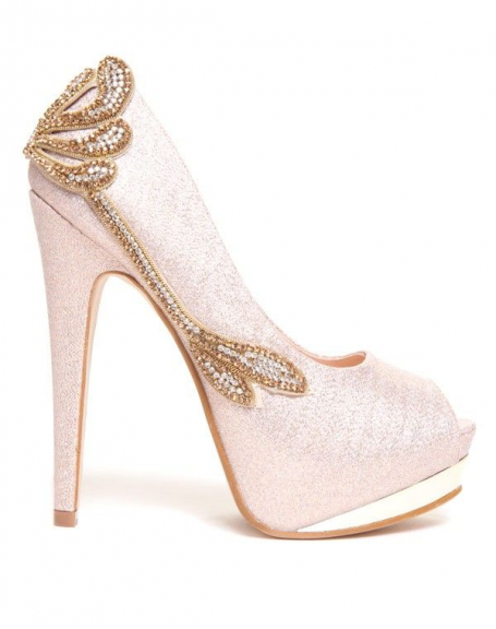 Champagne glitter open-toe pumps with patterns