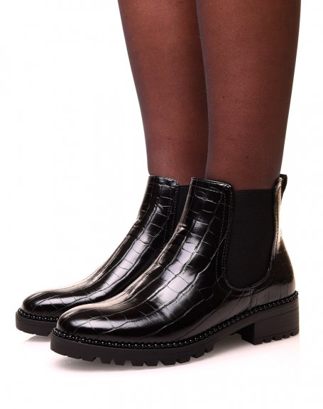 Chelsea boot noires effet croco et  dtails perls